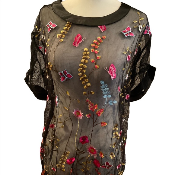 Unbranded Tops - “ EMBROIDERED FLORAL TOP” Sheer Black Netting with Lovely Embroidery.
